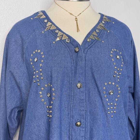 Vintage 90s Denim Long Sleeve Shirt Western Cowgirl Plus Size Gold Studs Buttons - Picture 3 of 8